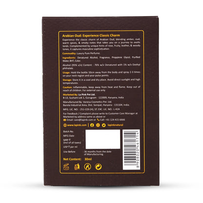 Back of a perfume bottle packaging with text and branding details on a white background