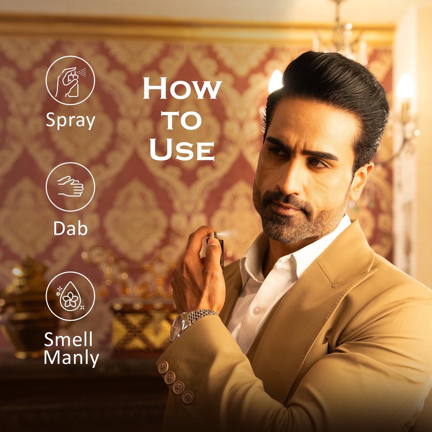 Man applying cologne with text on how to use it, set against a decorative wall.