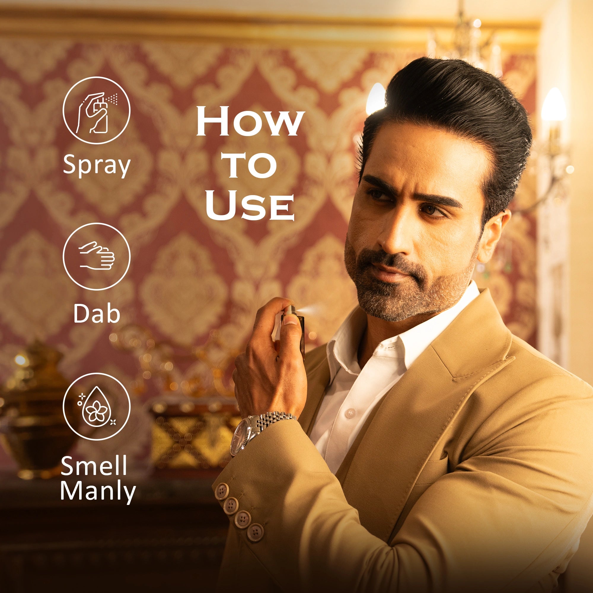 Man in a suit holding a spray bottle with text on how to use it, set against a decorative wall.