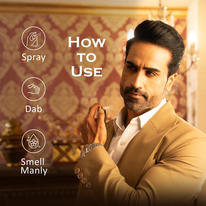 Man in a suit holding a spray bottle with text on how to use it, set against a decorative wall.