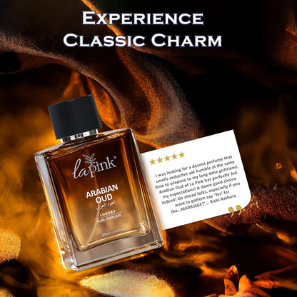 La Pink Arabian Oud perfume bottle with a five-star review card on a warm-toned fabric background