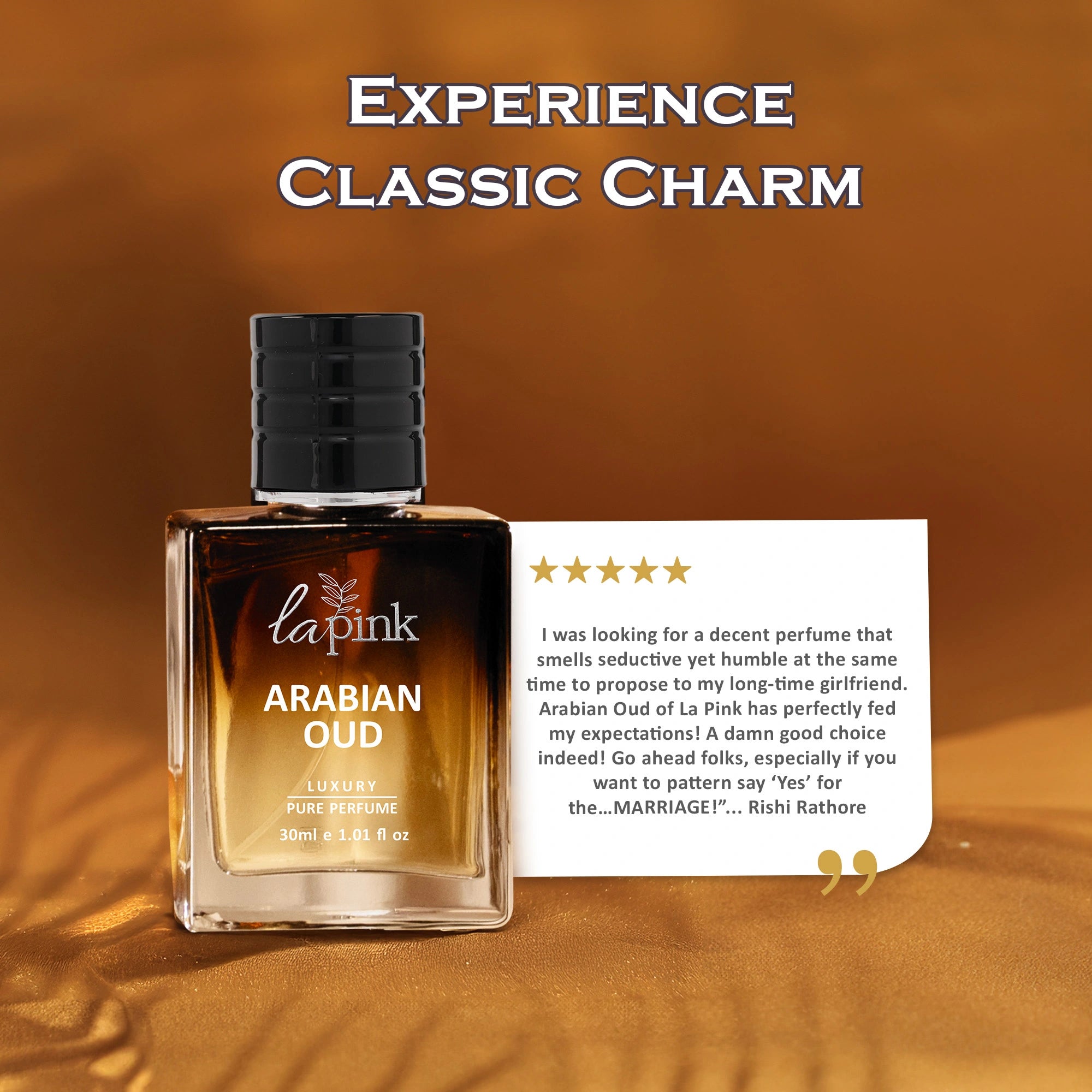 La Pink Arabian Oud perfume bottle with a five-star review card on a warm brown background