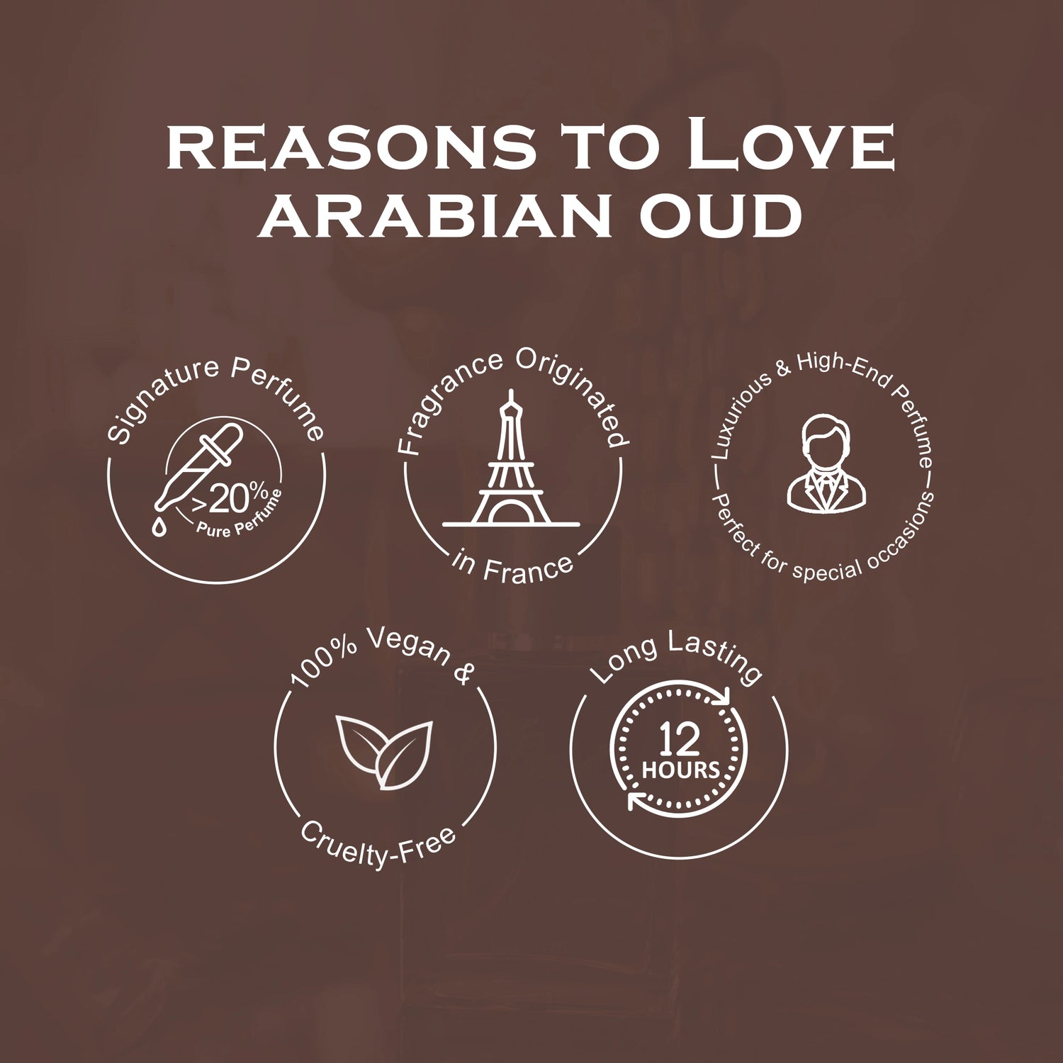 List of reasons to love Arabian oud on a brown background