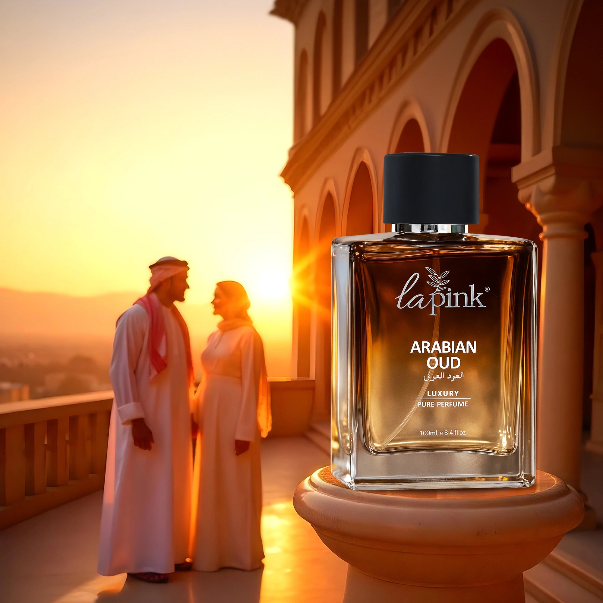 Lapink Arabian Oud perfume bottle with a couple in traditional attire against a sunset backdrop.