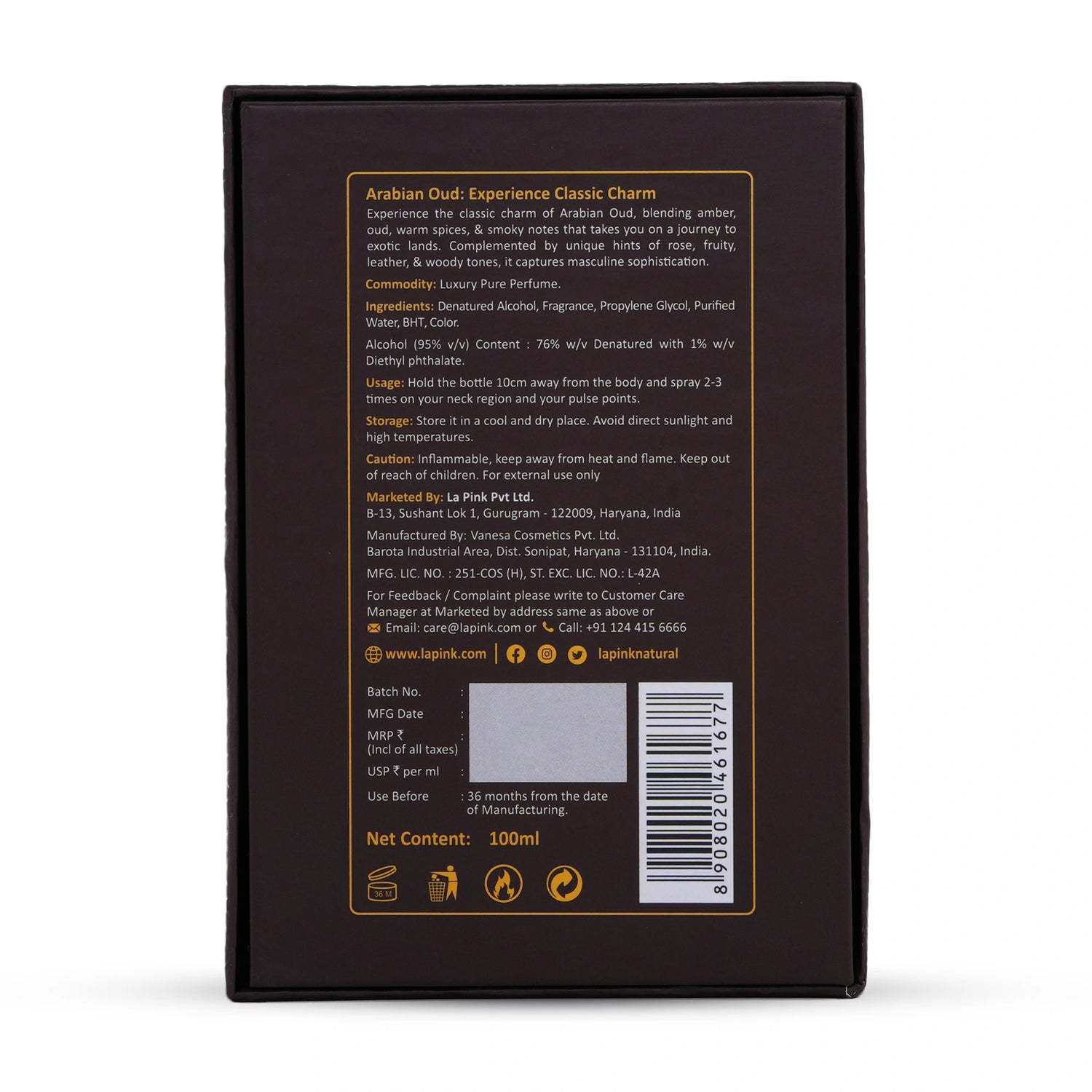 Back of a perfume bottle packaging with text and branding details.