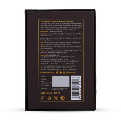 Back of a perfume bottle packaging with text and branding details.