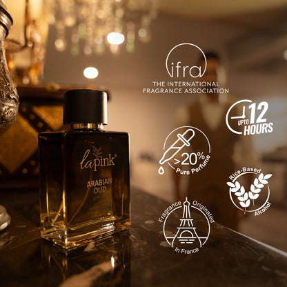 Lapink Arabian Oud perfume bottle on a reflective surface with brand logos and text.