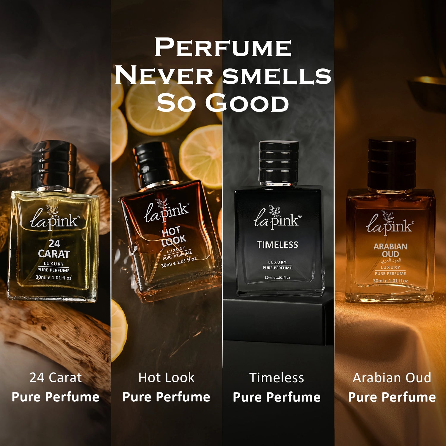 Four La Pink perfume bottles with different scents on a dark background.
