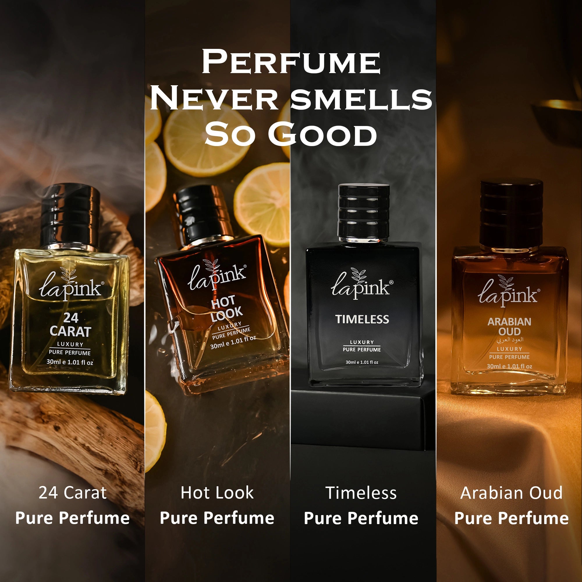 Four La Pink perfume bottles with different scents on a dark background.
