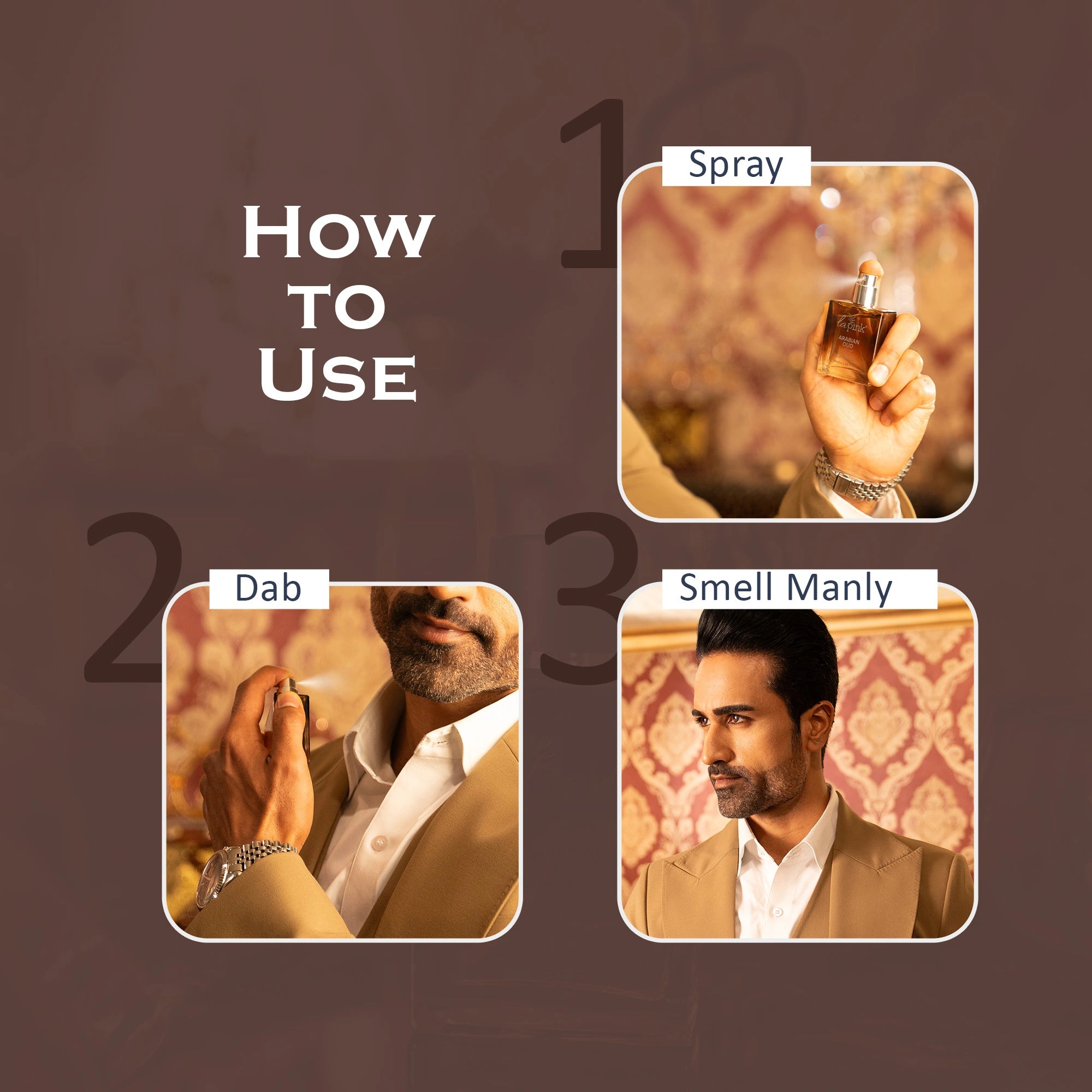 Instructions on how to use a perfume spray with a man wearing a suit.