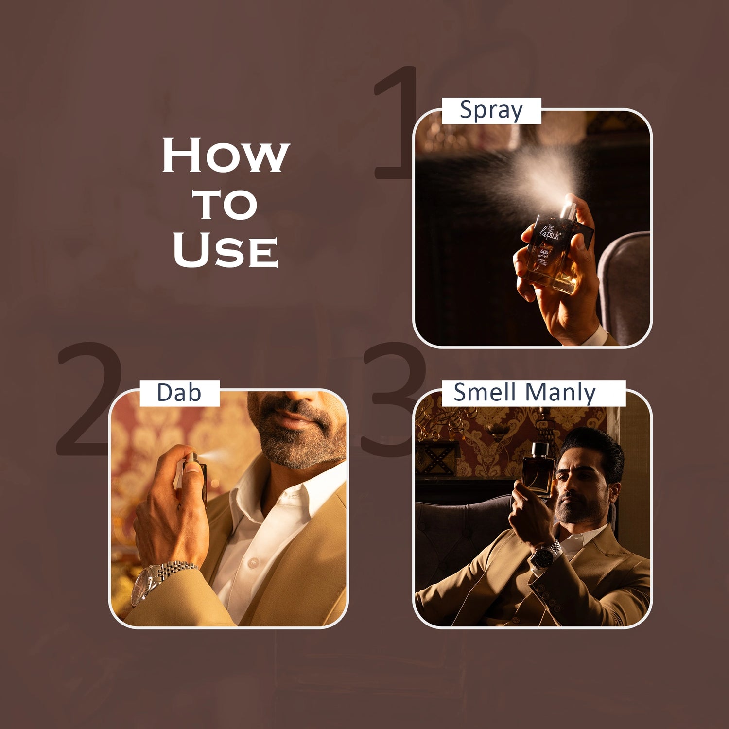Instructions on how to use a product with images and text on a brown background