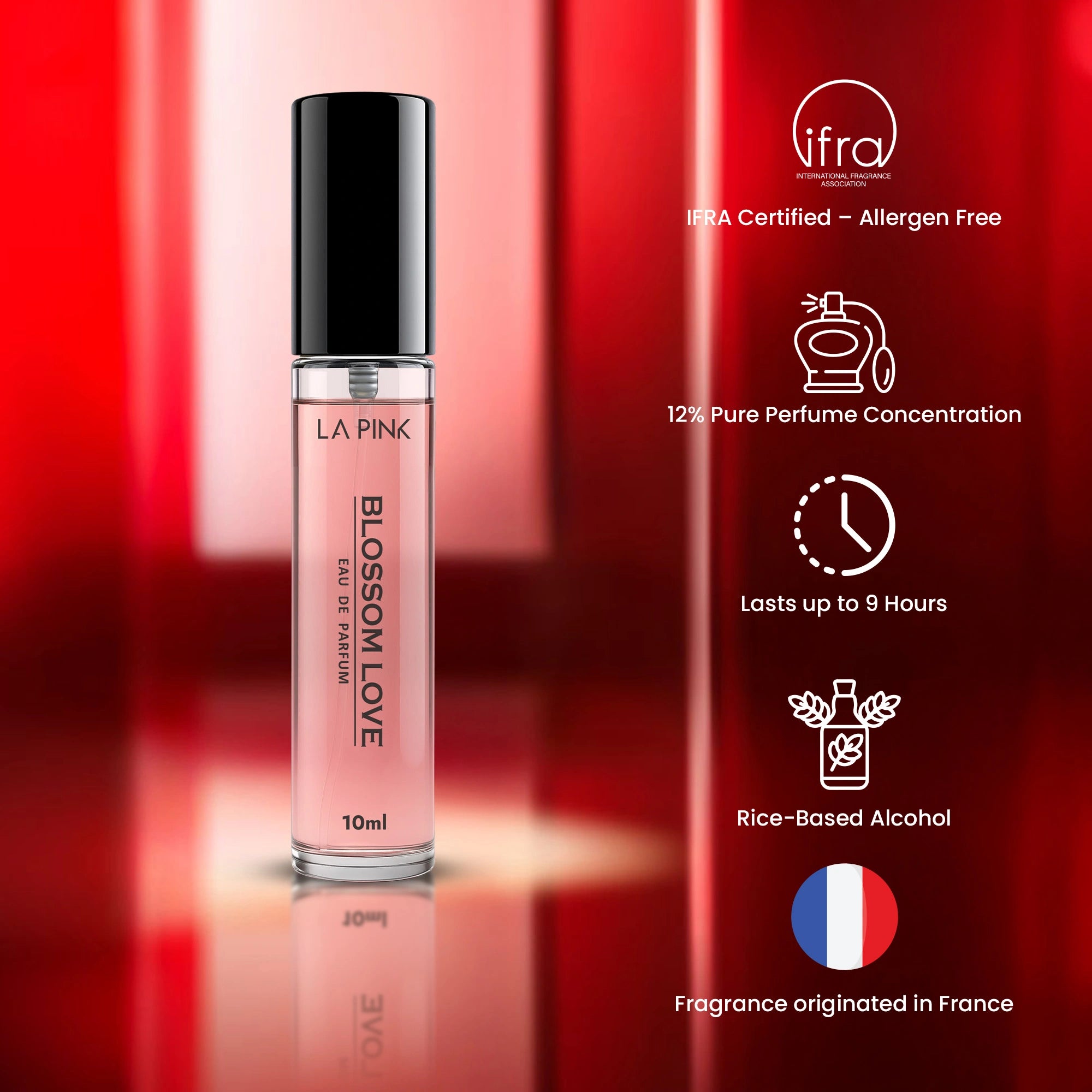 Pink perfume bottle with black cap on a red background, featuring IFRA certification and product details.