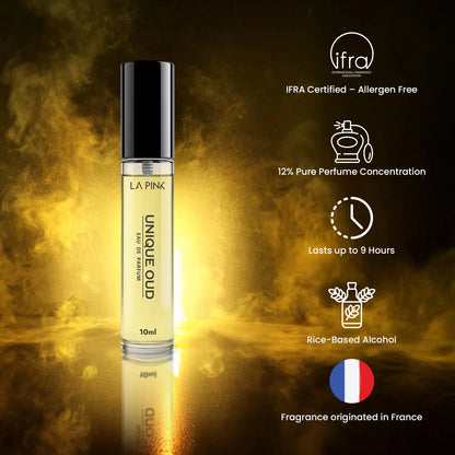 Perfume bottle with product features on a dark background
