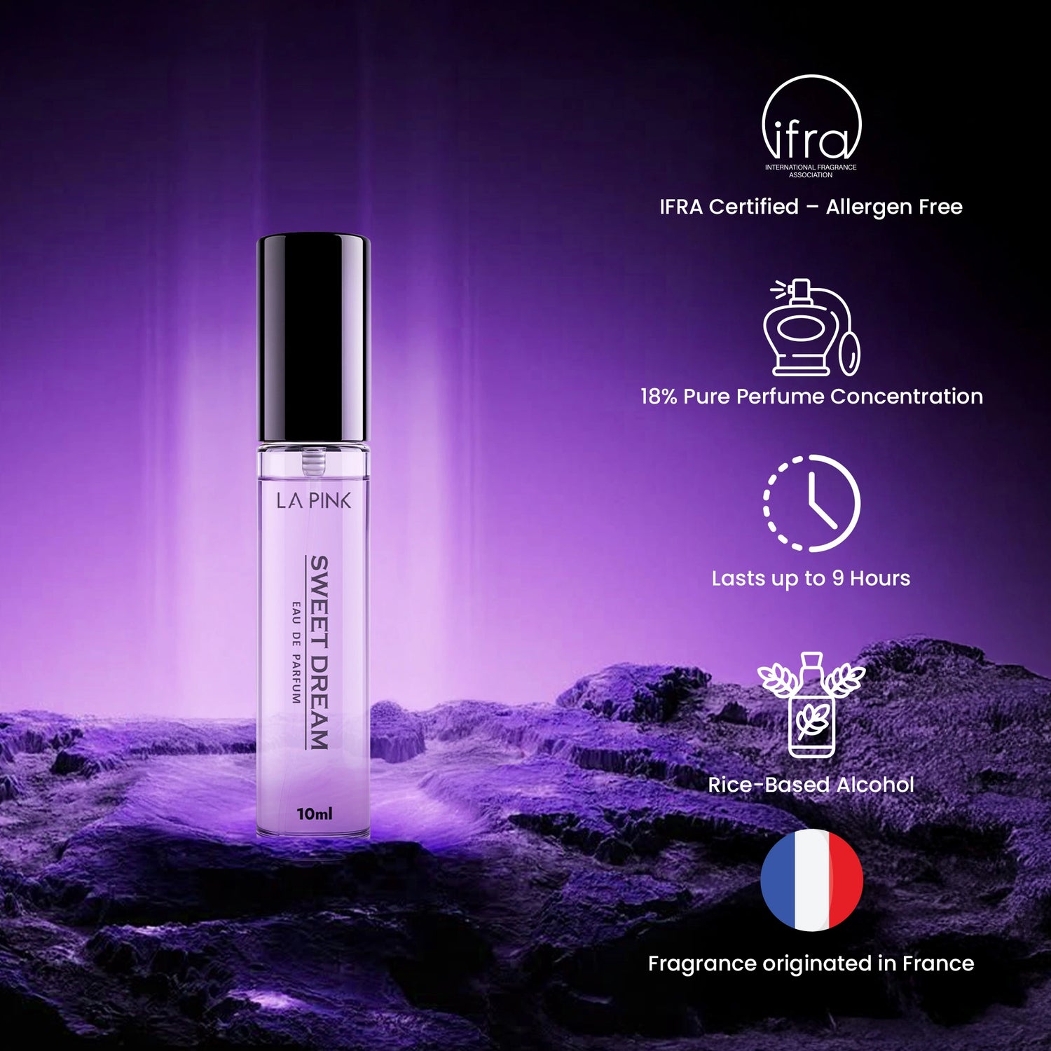 Perfume bottle with product features on a purple landscape background