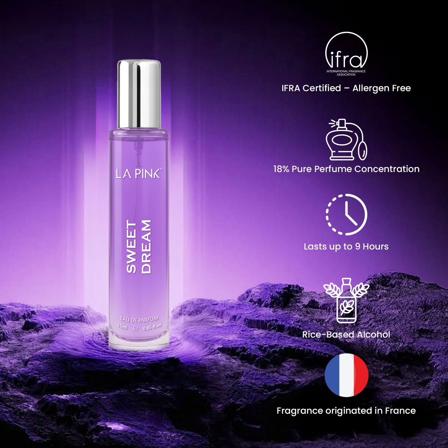 La Pink Sweet Dream perfume bottle with product features on a purple background