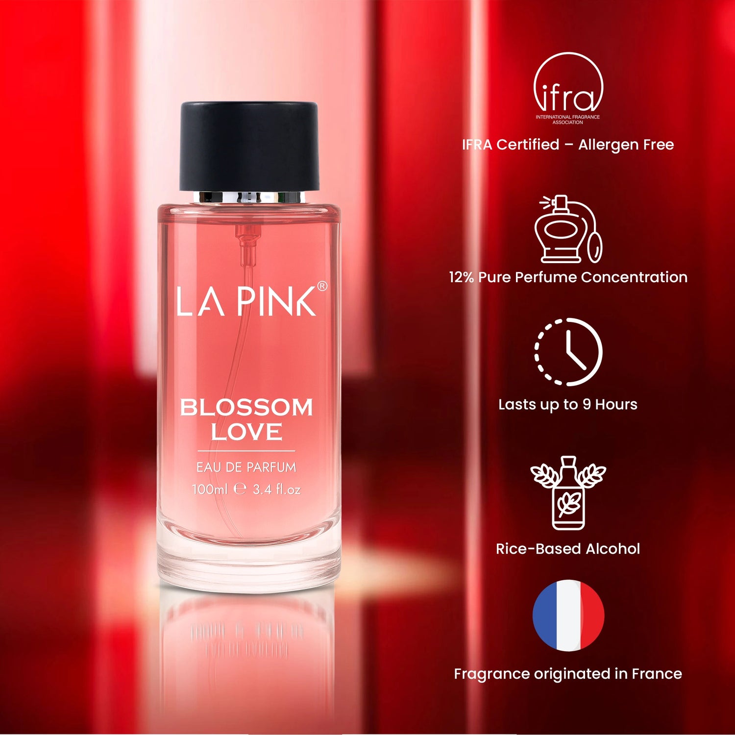 La Pink Blossom Love perfume bottle with product features on a red background