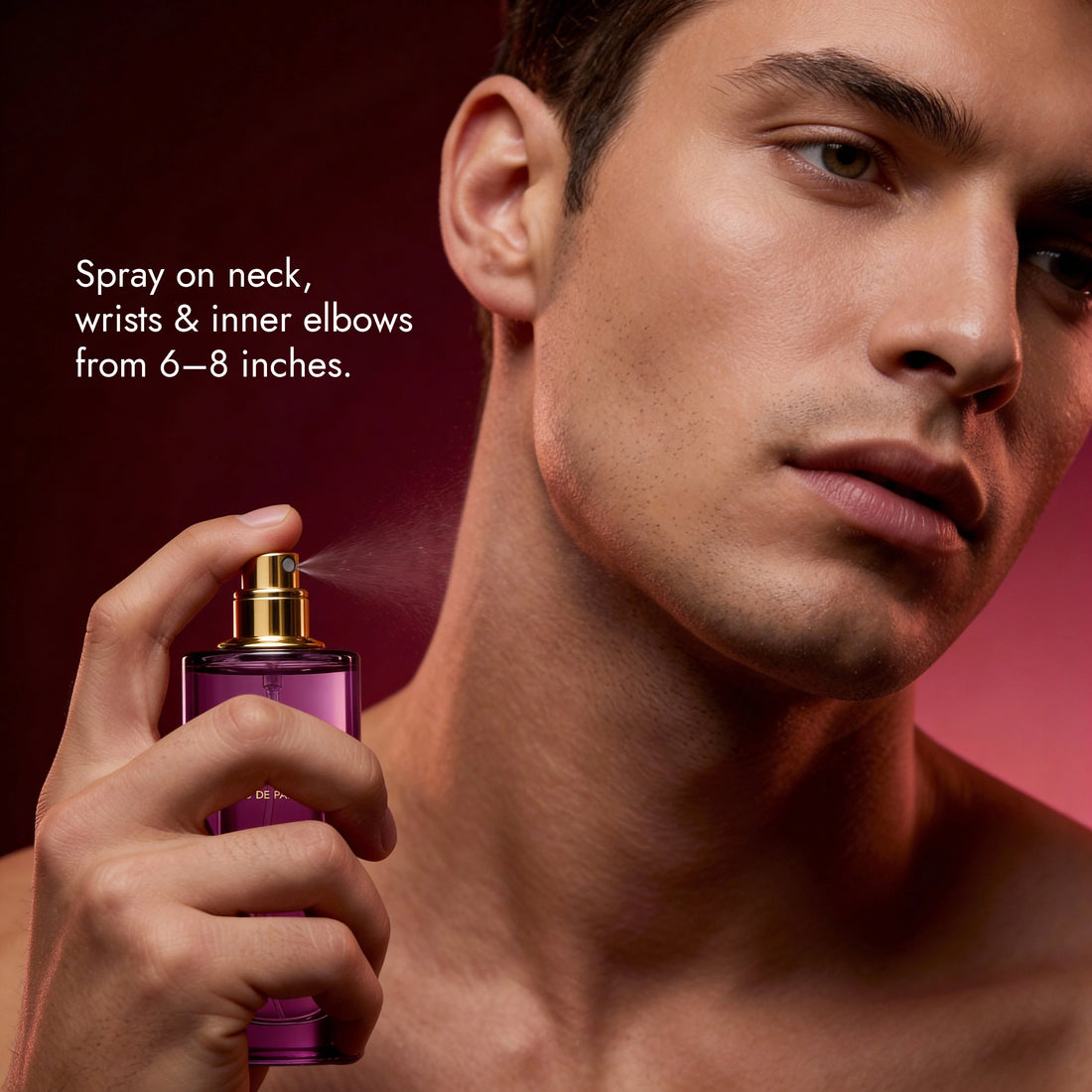 Man holding a purple spray bottle with text on how to use it, against a red background.