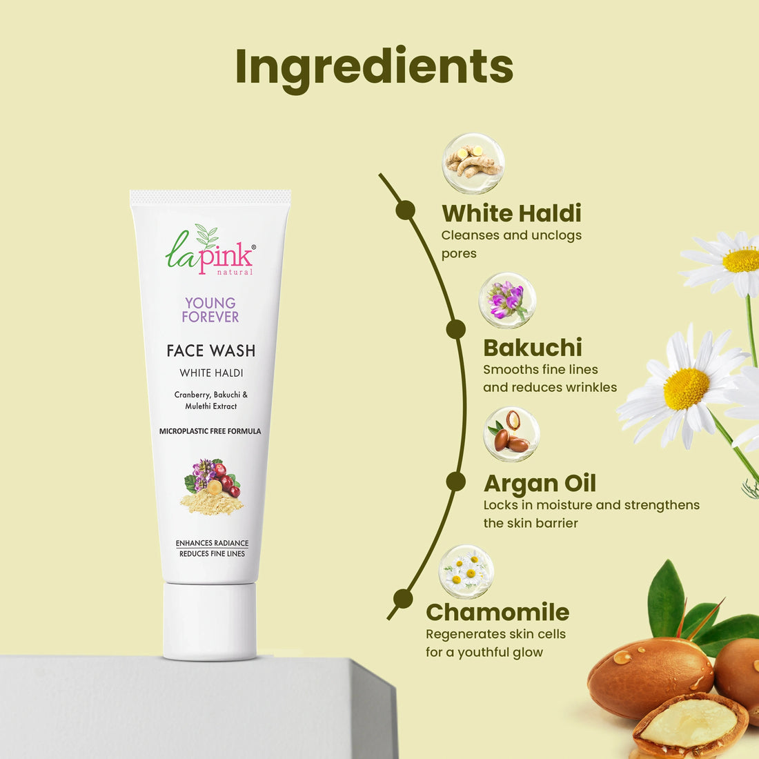 La Pink Young Forever Face Wash with ingredients listed on a light yellow background