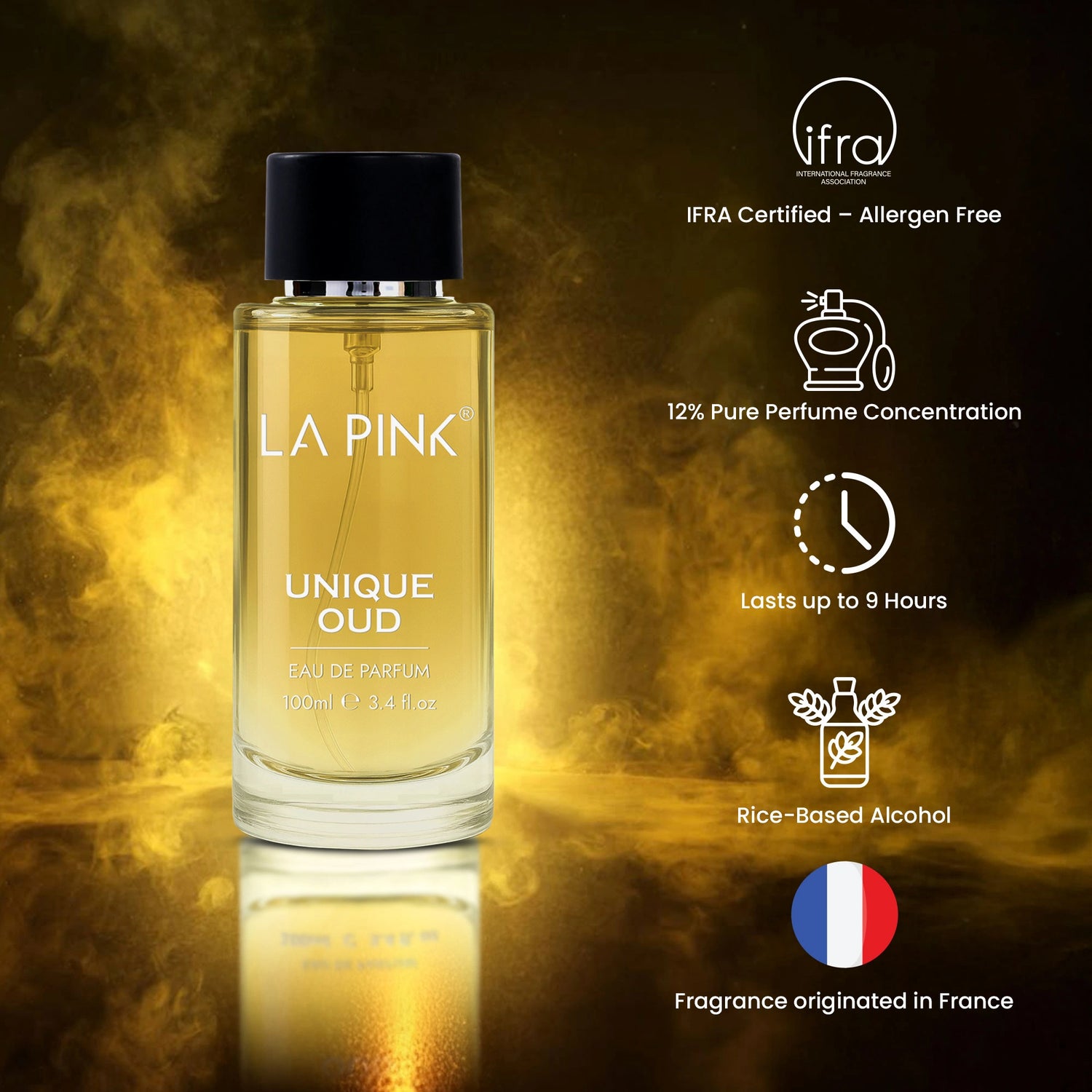 La Pink Unique Oud perfume bottle with product features on a dark background