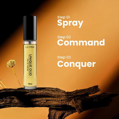 Perfume bottle with steps to use on an orange background