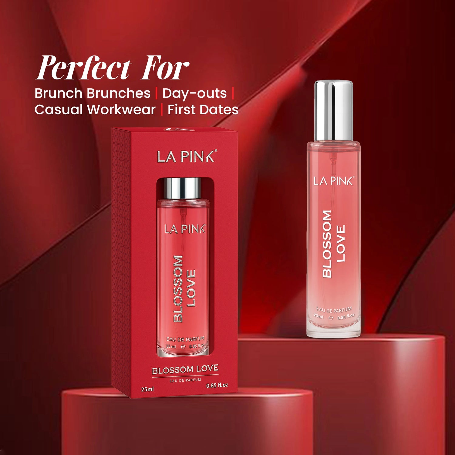 LA Pink Blossom Love perfume bottle and packaging on a red background