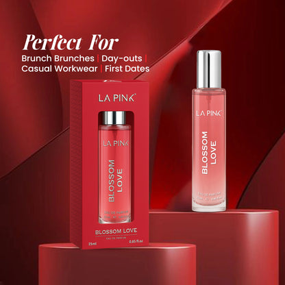 LA Pink Blossom Love perfume bottle and packaging on a red background