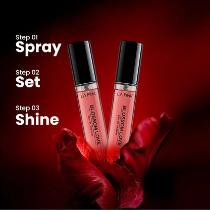 Two lip gloss bottles with a hand holding red roses on a red background, featuring steps for using the product.