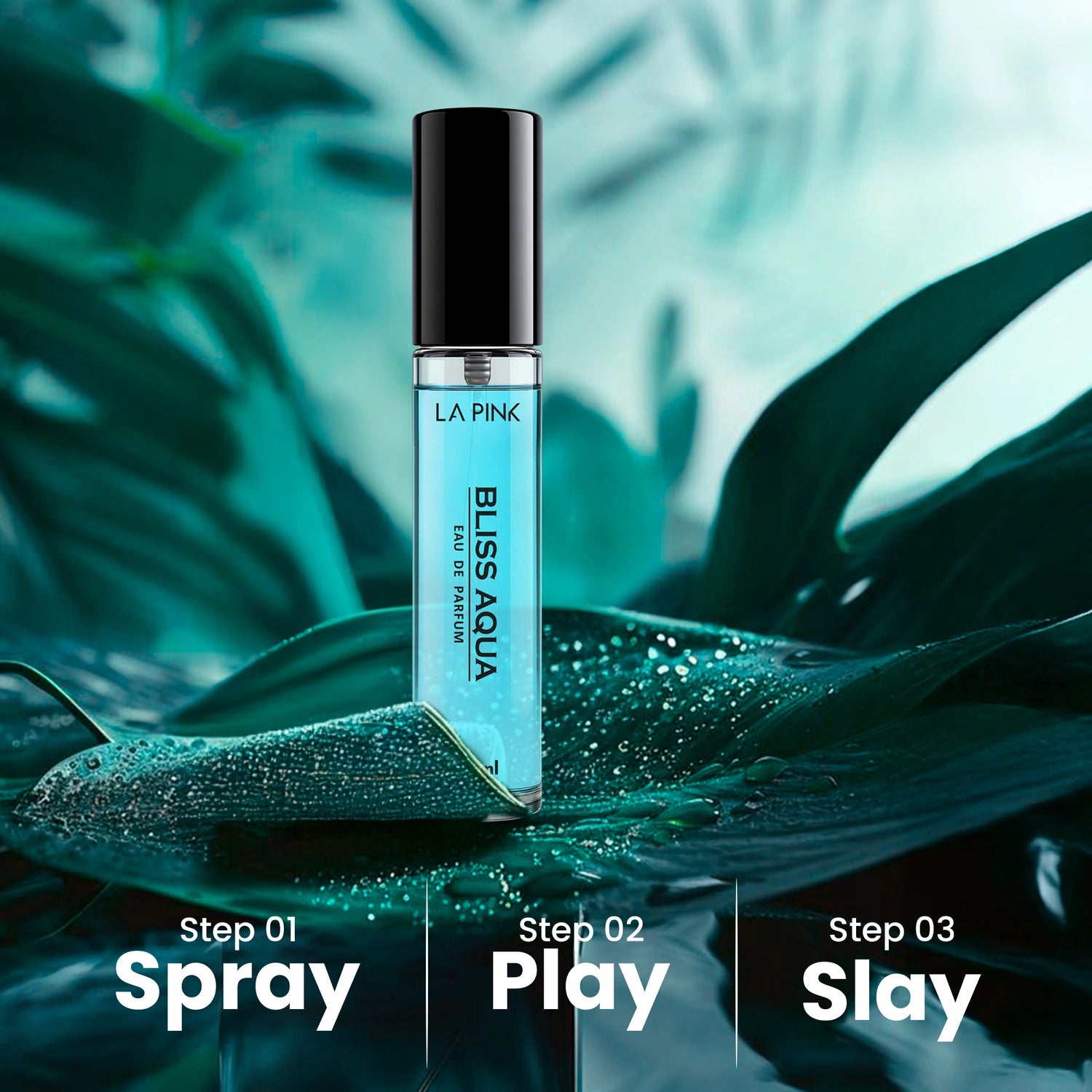 Blue rollerball bottle with black cap on a leafy background, featuring &