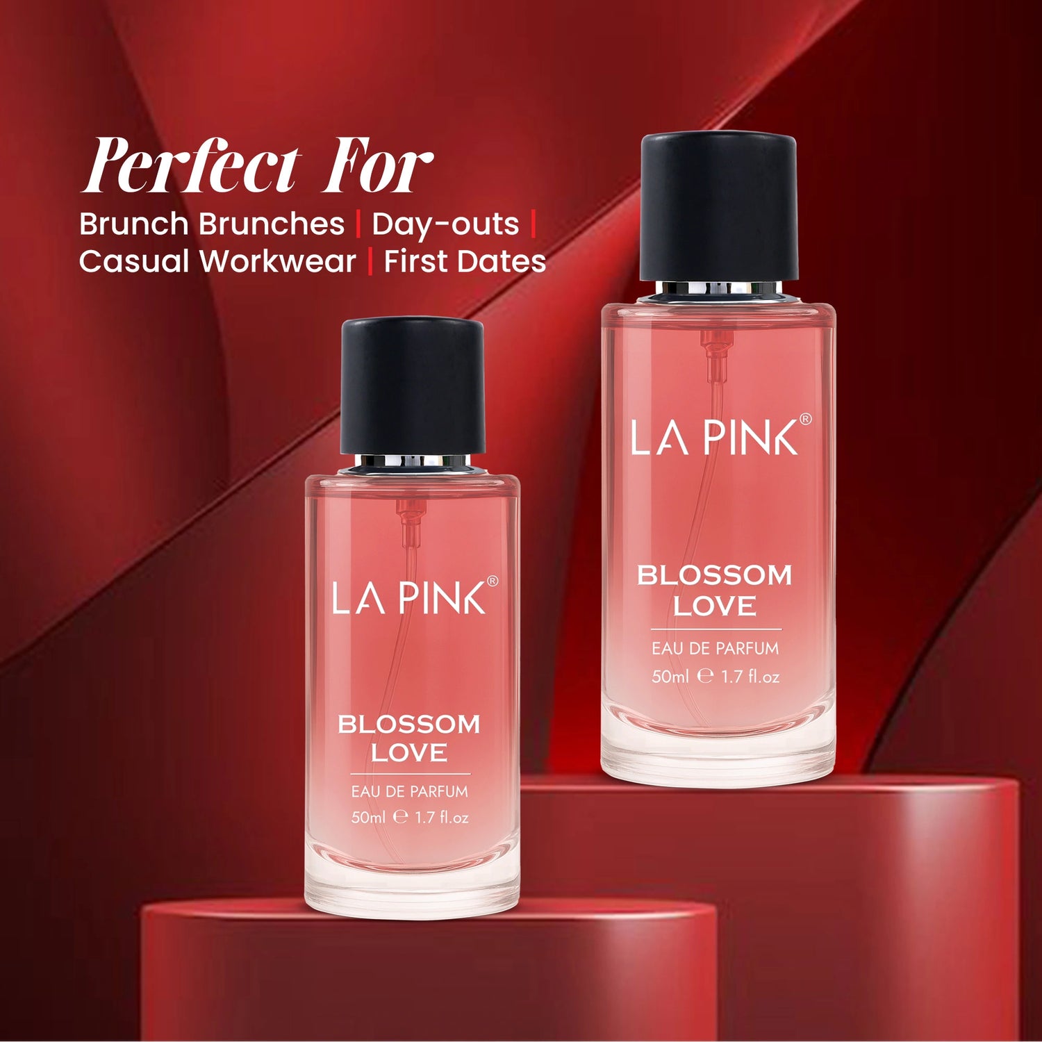 Two bottles of LA PINK Blossom Love perfume on a red background with text indicating uses.