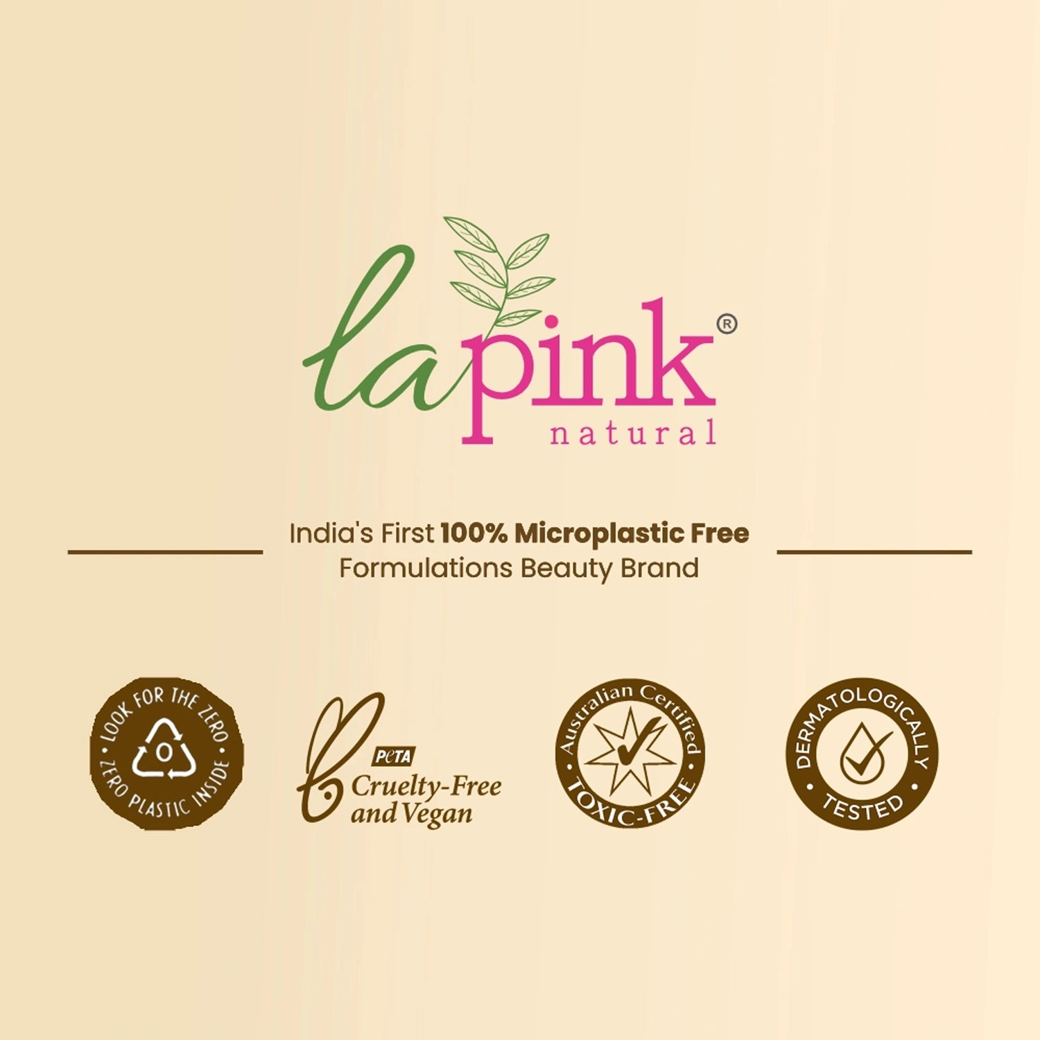 Lapink natural branding with certification logos on a beige background