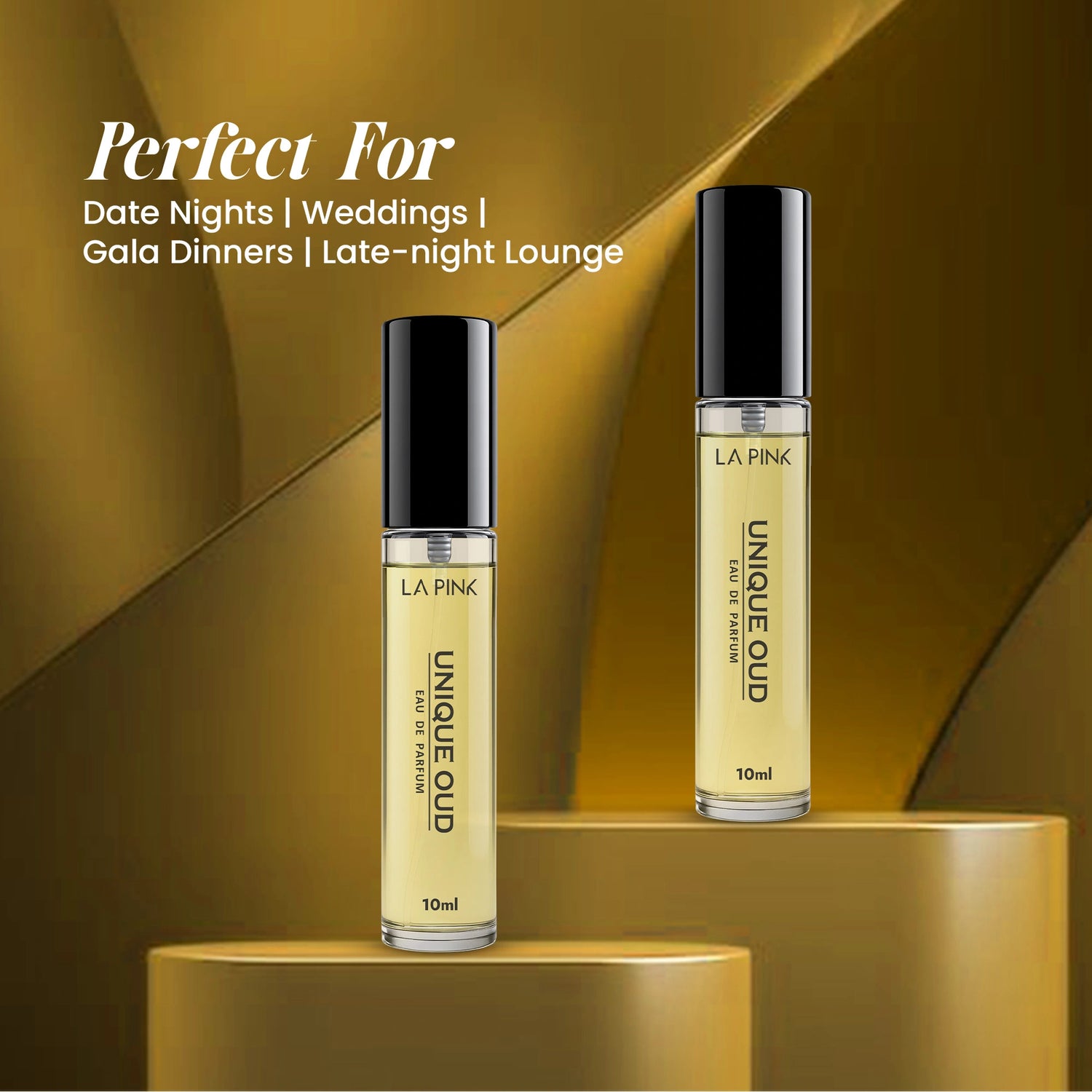 Two bottles of LA Pink Unique Oud perfume on a gold background with text indicating uses.