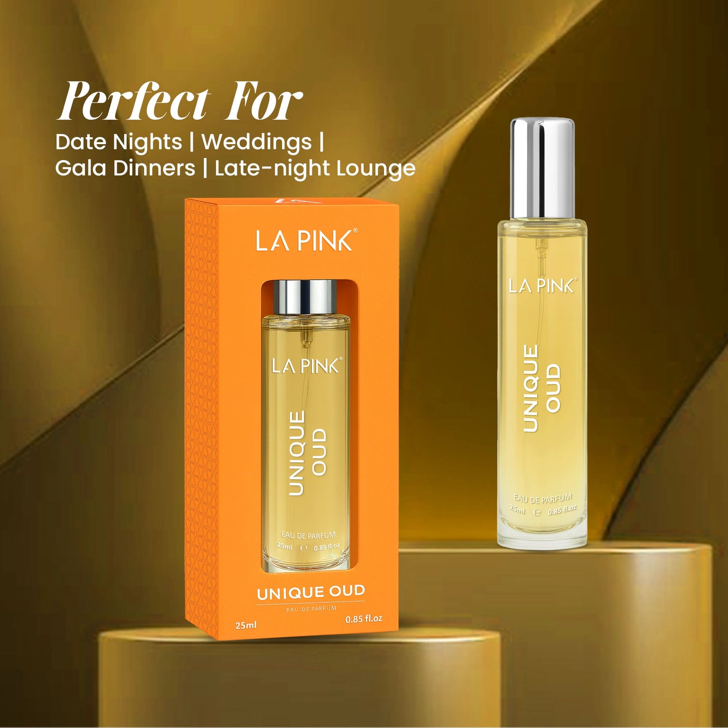 LA PINK UNIQUE OUD perfume bottle and packaging on a gold background
