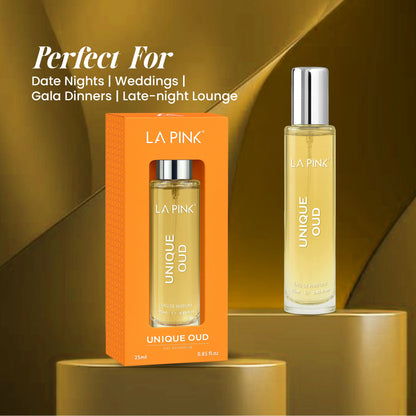LA PINK UNIQUE OUD perfume bottle and packaging on a gold background