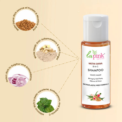 La Pink shampoo bottle with ingredients on a beige background