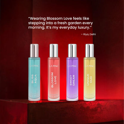 Four La Plin perfume bottles on a red background with a quote about the product.
