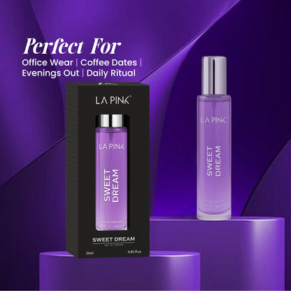 LA Pink Sweet Dream perfume bottle and packaging on a purple background