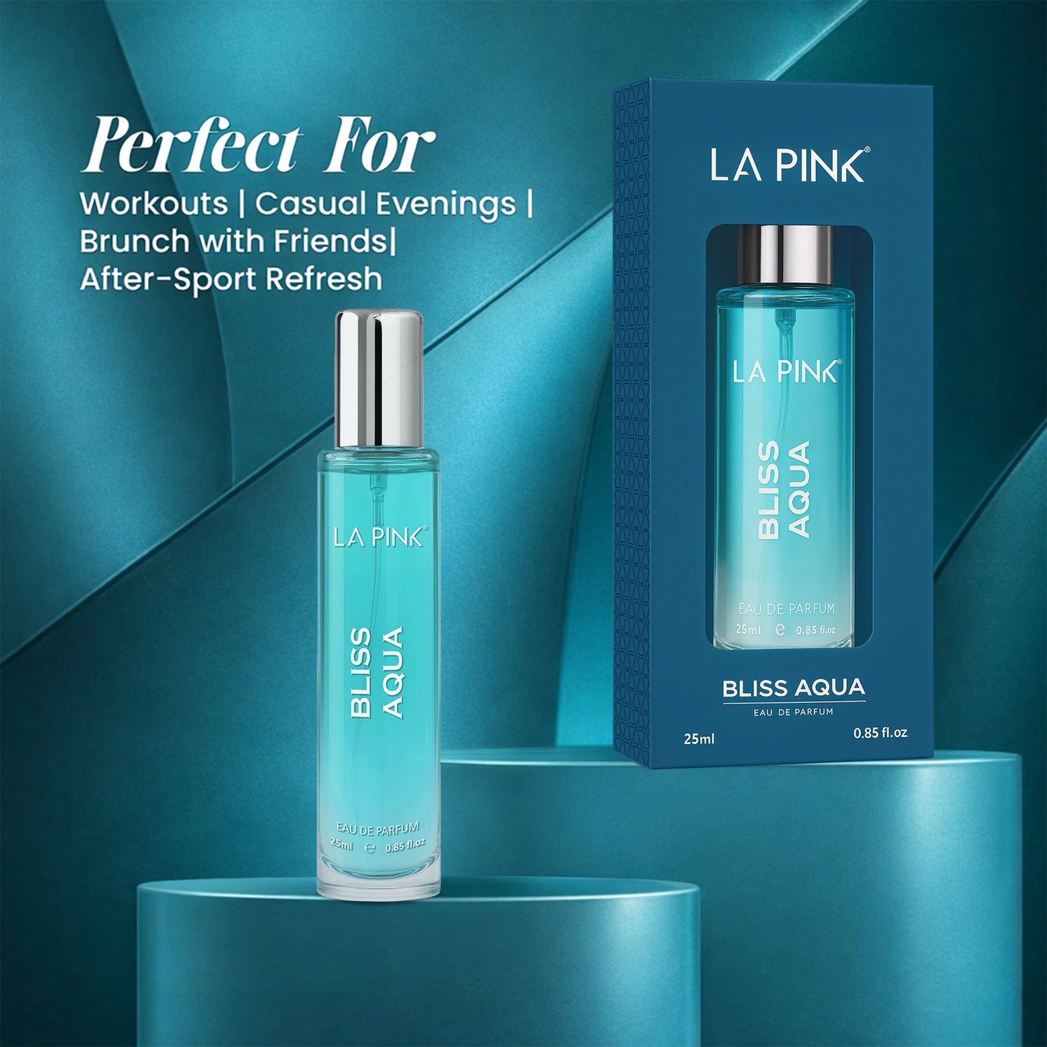 LA Pink Bliss Aqua perfume bottle and packaging on a blue background