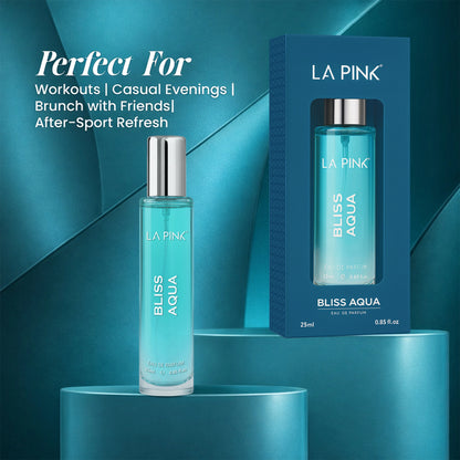 LA Pink Bliss Aqua perfume bottle and packaging on a blue background