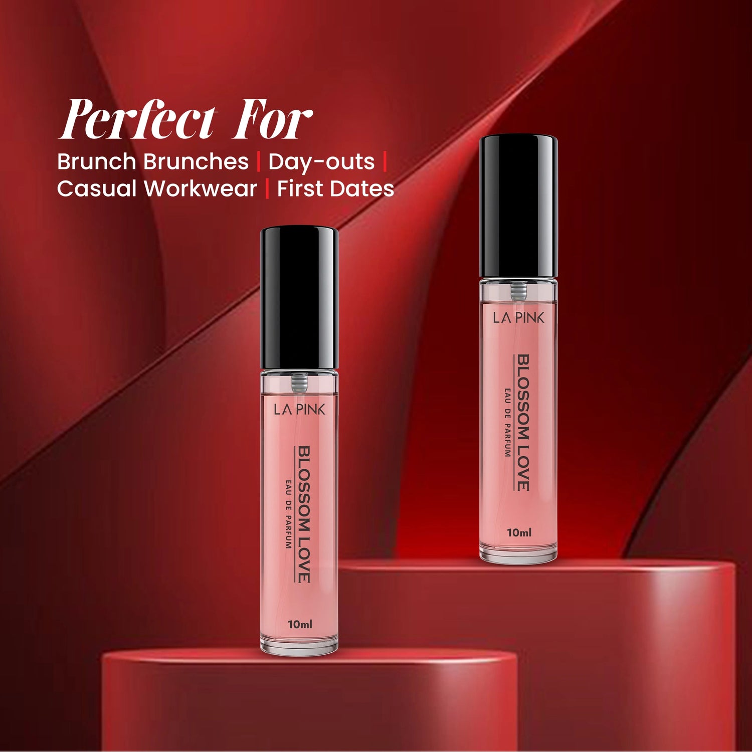 Two lip gloss bottles on a red platform with promotional text on a red background
