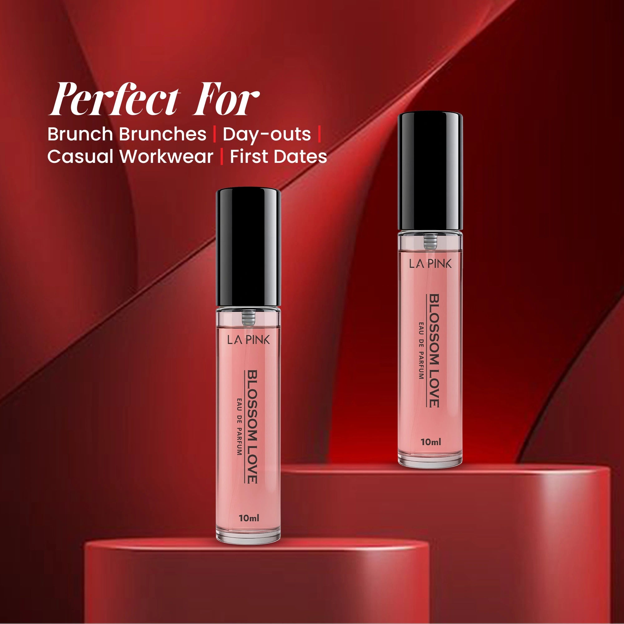 Two lip gloss bottles on a red platform with promotional text on a red background
