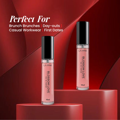 Two lip gloss bottles on a red platform with promotional text on a red background