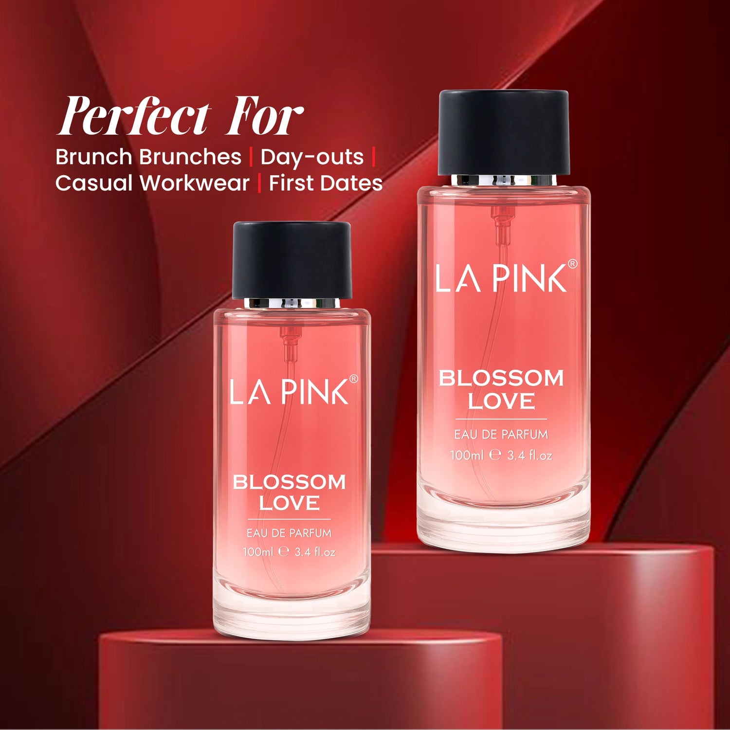 Two bottles of LA Pink Blossom Love perfume on a red background with text indicating uses.