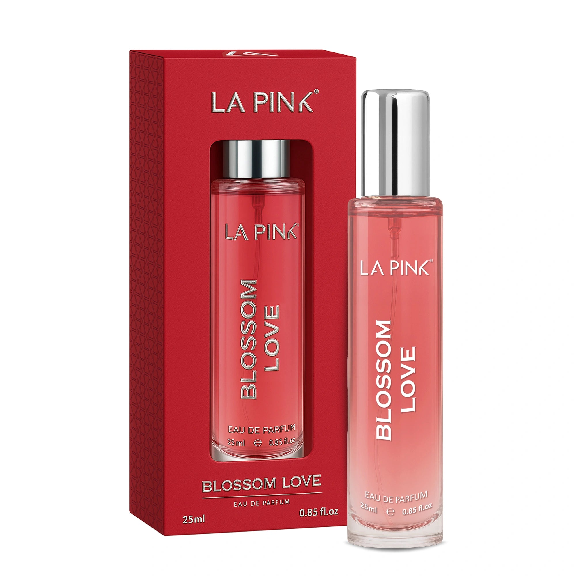 La Pink Blossom Love perfume bottle and packaging on a white background