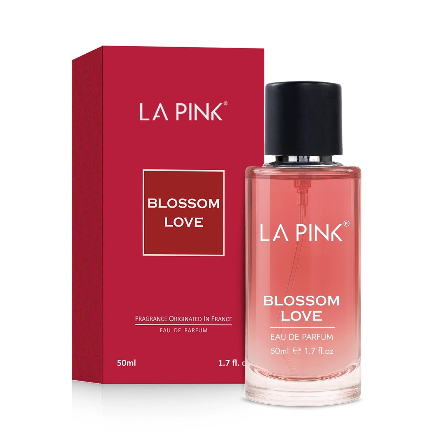 LA Pink Blossom Love perfume bottle and packaging on a white background