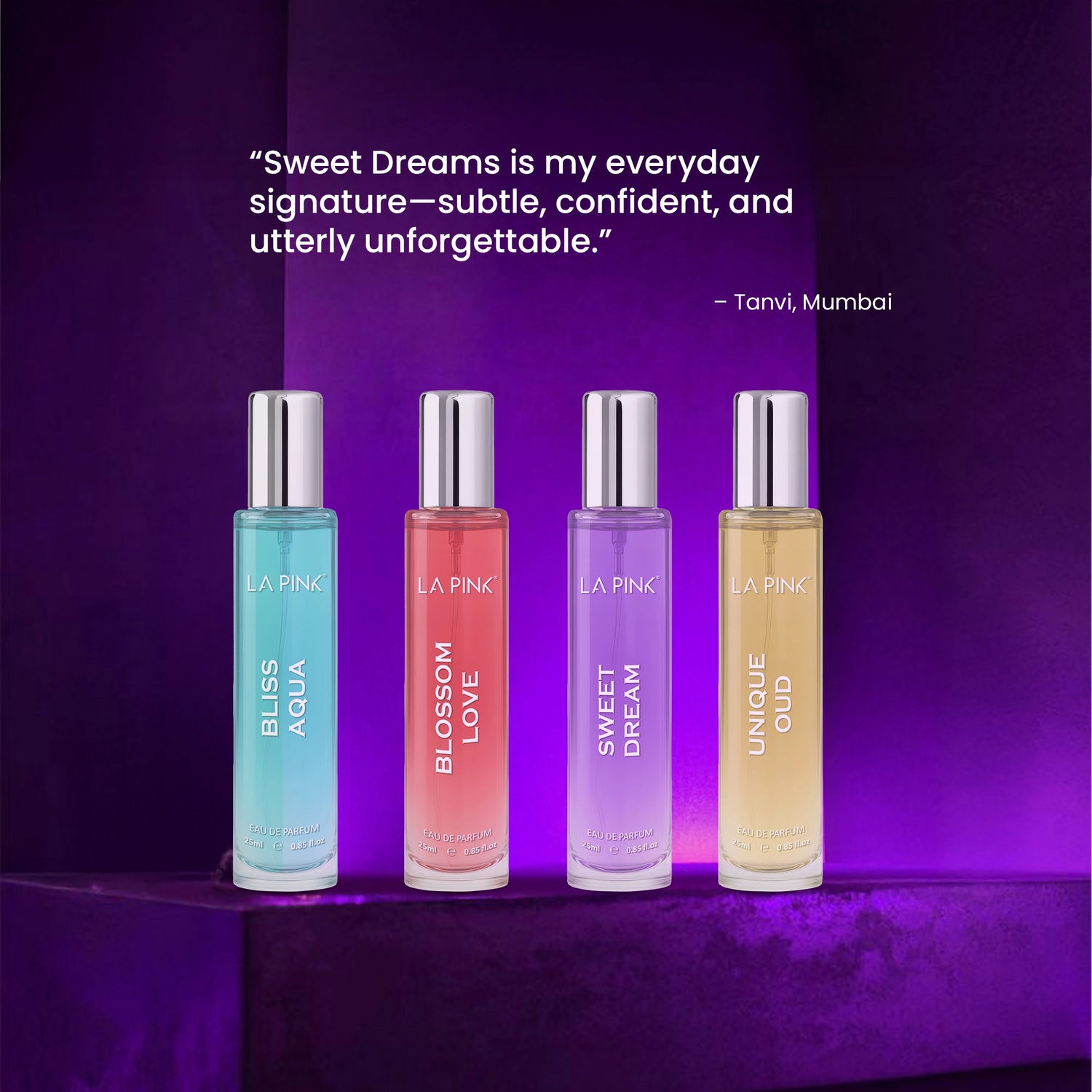 Four La Pink perfume bottles on a purple background with a quote about the product.