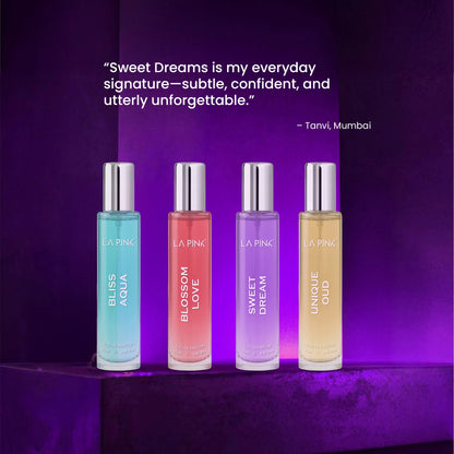 Four La Pink perfume bottles on a purple background with a quote about the product.