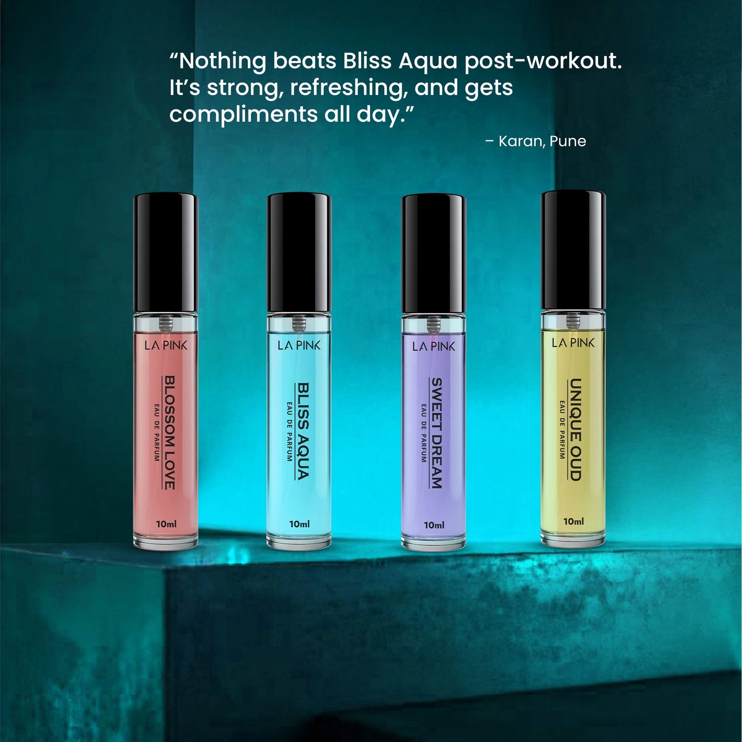 Four perfume bottles with different scents on a teal background, featuring a quote about Bliss Aqua.