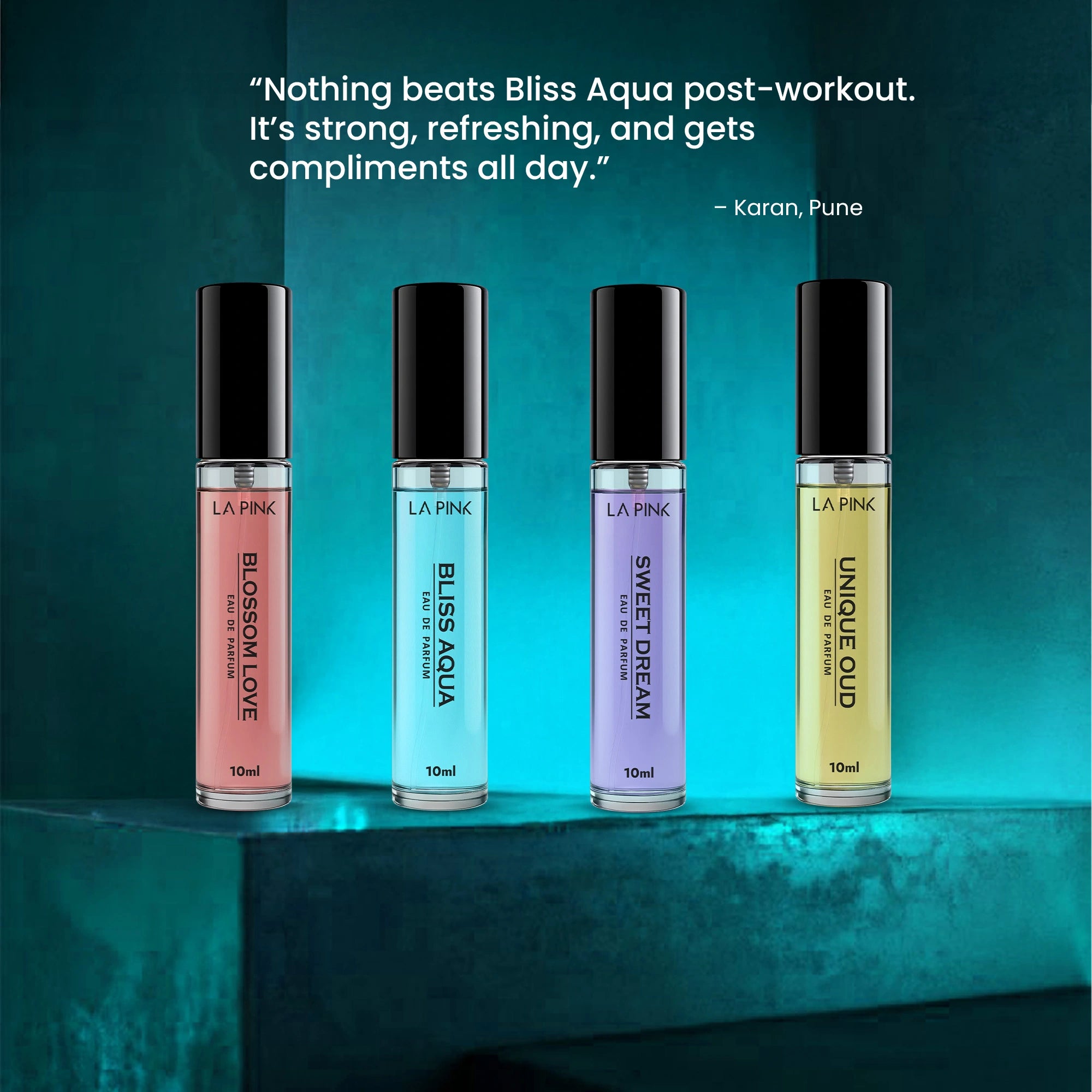 Four perfume bottles with different scents on a teal background, featuring a quote about Bliss Aqua.