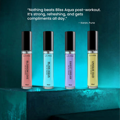 Four perfume bottles with different scents on a teal background, featuring a quote about Bliss Aqua.