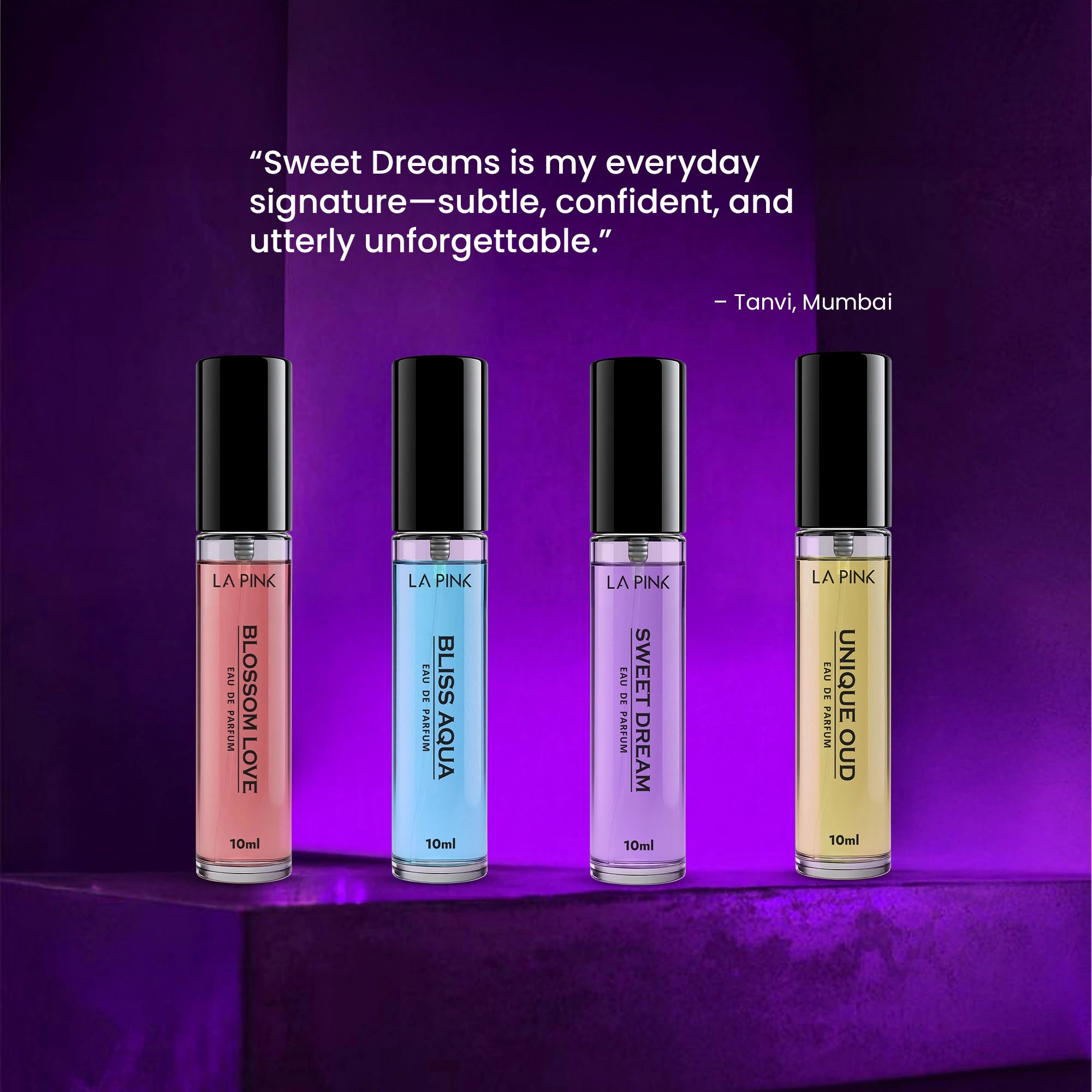 Four La Pink perfume bottles on a purple background with a quote by Tanvi, Mumbai.